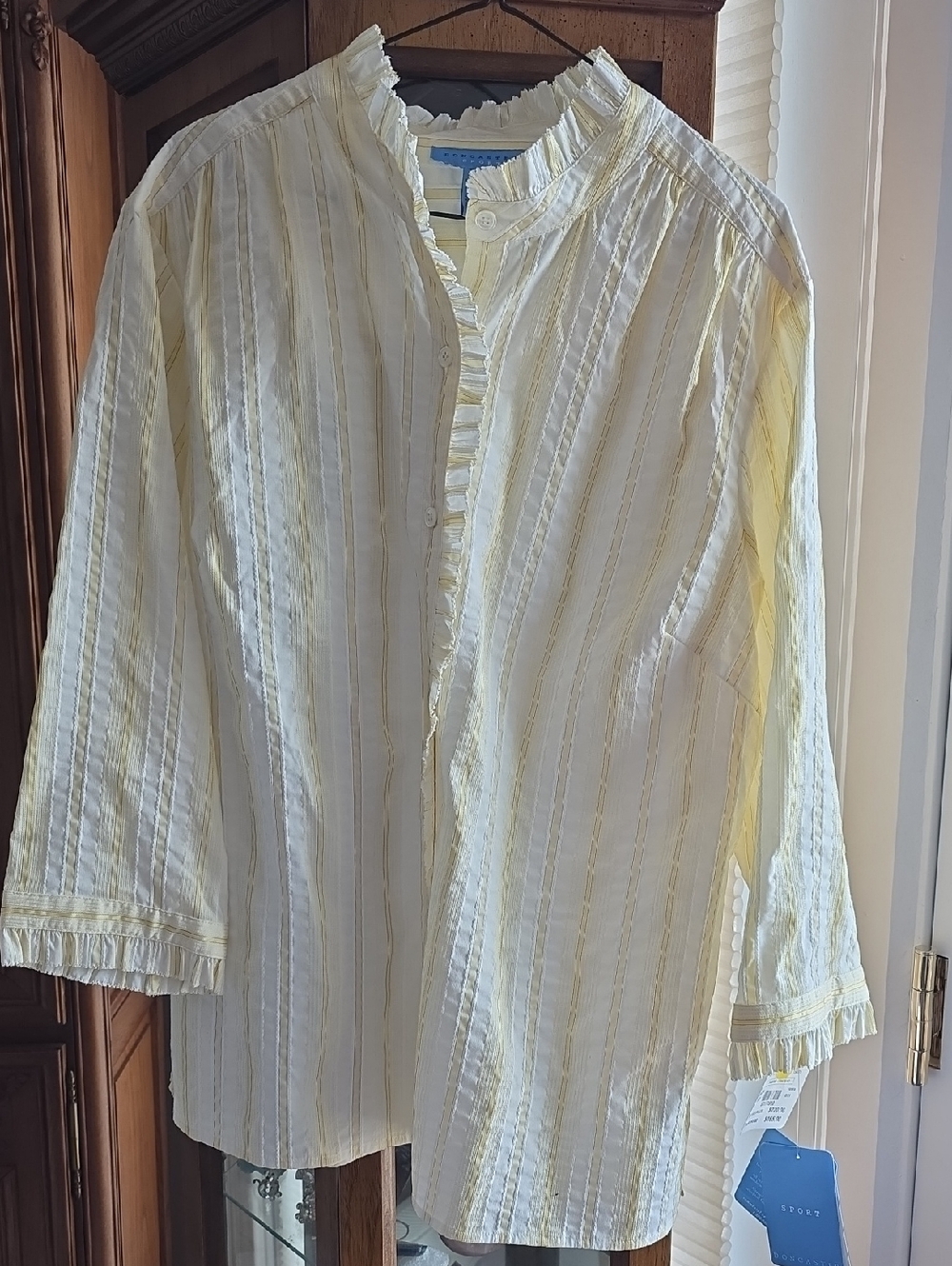 Doncaster Light Yellow Striped Ruffle-Trim Button Front Shirt